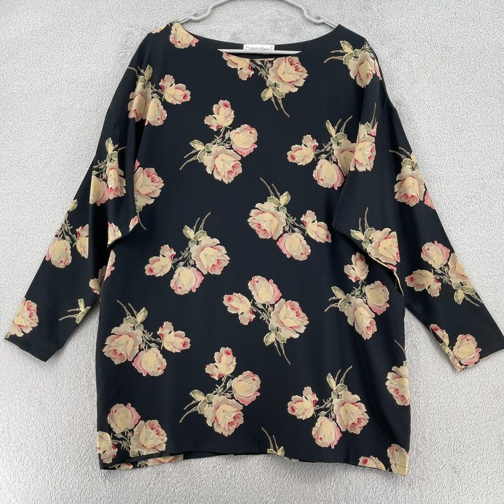 Vintage Calvin Klein Silk Top Women 10 Black Dark Floral Roses Long Sleeve Tunic